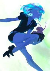 Rule 34 | 1other, androgynous, animal, collared shirt, colored eyelashes, crystal hair, diamond (houseki no kuni), elbow gloves, eyelashes, foot out of frame, gloves, high collar, highres, holding, houseki no kuni, jumping, light smile, necktie, o lo3253, on one knee, puffy short sleeves, puffy sleeves, sea slug, shirt, short hair, short shorts, short sleeves, shorts, thighhighs, thighs, ventricosus