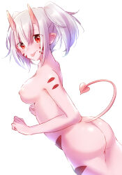 Rule 34 | 1girl, absurdres, arched back, ass, blush, body markings, breasts, clenched hands, closed mouth, completely nude, cowboy shot, dutch angle, facial mark, from behind, from side, grey hair, hair between eyes, hands up, heart, heart tail, highres, horns, looking at viewer, looking to the side, medium breasts, mimi alpacas, nipples, nude, nyaa (nnekoron), oni horns, peter grill to kenja no jikan, red eyes, short hair, sidelocks, simple background, solo, standing, tail, tail raised, tongue, tongue out, twintails, white background
