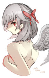 Rule 34 | 1girl, artist name, back, blush, braid, covering privates, covering breasts, eyebrows, eyelashes, feathered wings, feathers, french braid, from behind, hair ribbon, highres, ichirugi, kishin sagume, nude, pixiv id, red eyes, red ribbon, ribbon, short hair, silver hair, silver wings, simple background, single braid, single wing, solo, touhou, upper body, white background, wings