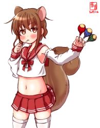 Rule 34 | 1girl, alternate costume, animal ears, armpits, artist logo, azur lane, blush, brown eyes, brown hair, candy, chupa chups, commentary request, cosplay, cowboy shot, crop top, dated, detached sleeves, eating, flat chest, food, hair ornament, highres, historical name connection, kanon (kurogane knights), kantai collection, lollipop, long sleeves, looking at viewer, midriff, miniskirt, name connection, navel, pleated skirt, red sailor collar, red skirt, revision, sailor collar, school uniform, serafuku, shirt, short hair, signature, simple background, skirt, smile, solo, squirrel ears, squirrel tail, standing, tail, thighhighs, v-shaped eyebrows, wakaba (azur lane), wakaba (azur lane) (cosplay), wakaba (kancolle), white background, white shirt, white thighhighs, zettai ryouiki