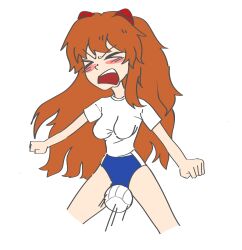 Rule 34 | &gt; &lt;, 1girl, absurdres, artist request, ball, blue buruma, blush, buruma, cameltoe, clenched hands, cowboy shot, facing viewer, female focus, highres, interface headset, neon genesis evangelion, open mouth, pain, playing sports, red hair, shirt, short sleeves, solo, source request, souryuu asuka langley, volleyball, volleyball (object), white shirt