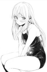 Rule 34 | 1girl, between legs, blush, closed mouth, commentary request, fang, frown, gagaimo, greyscale, hand between legs, highres, leaning forward, long hair, looking at viewer, monochrome, one-piece swimsuit, original, school swimsuit, sitting, solo, swimsuit, thighs, traditional media, v arms