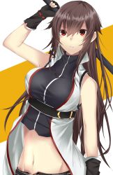 Rule 34 | &gt;:(, 1girl, arm up, armpit peek, bare shoulders, black gloves, breasts, brown hair, closed mouth, crop top, fingerless gloves, frown, gloves, groin, highres, large breasts, long hair, looking at viewer, midriff, navel, onineko-chan, open clothes, open vest, original, red eyes, sidelocks, sleeveless, sleeveless turtleneck, solo, stomach, turtleneck, v-shaped eyebrows, very long hair, vest, white vest