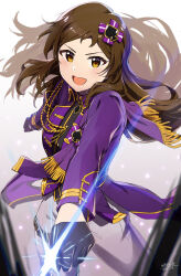 Rule 34 | 1girl, :d, ayano yuu (sonma 1426), black gloves, blush, breasts, brown eyes, brown hair, dress, gloves, highres, idolmaster, idolmaster million live!, jacket, jewelry, kitazawa shiho, long hair, looking at viewer, medium breasts, open mouth, purple jacket, shirt, simple background, skirt, smile, solo, standing, white background, yellow eyes
