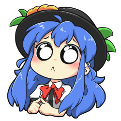 1girl black_hat blue_hair blush bow chibi finger_touching food fruit hat hinanawi_tenshi long_hair no_nose peach peach_hat_ornament pleading_eyes rakkidei red_bow shirt touhou upper_body very_big_eyes white_background white_shirt