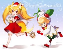 Rule 34 | 1boy, 1girl, alternate costume, alternate hairstyle, animal, animal ears, animal on head, bead bracelet, beads, bell, blonde hair, blush, boots, box, bracelet, capelet, christmas, dress, fox ears, fox girl, fox tail, full body, gift, gift bag, gift box, gloves, green eyes, hair bell, hair ornament, hair ribbon, hat, jewelry, looking at another, looking back, merry christmas, miho (monster super league), mittens, monster super league, on head, open mouth, pom pom (clothes), rabbit, red capelet, red dress, red eyes, red footwear, red gloves, ribbon, running, santa hat, sash, shoes, snow rabbit, tail, torn bag, ujou