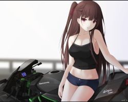 Rule 34 | 1girl, alternate costume, artist name, bare arms, bare shoulders, blurry, blurry background, blush, braid, breasts, brown hair, camisole, cleavage, collarbone, cowboy shot, day, denim, denim shorts, depth of field, french braid, girls&#039; frontline, hair ribbon, head tilt, highres, hip bones, kawasaki, keenh, long hair, looking at viewer, medium breasts, motor vehicle, navel, one side up, outdoors, parted lips, purple eyes, purple ribbon, ribbon, short shorts, shorts, signature, solo, straight hair, very long hair, wa2000 (girls&#039; frontline)