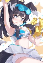 Rule 34 | 1girl, animal ears, armpits, arms up, bare shoulders, black hair, blue archive, blue eyes, blush, bow, bow panties, breasts, cheerleader, clothes lift, cowboy shot, crop top, dog ears, dog girl, dog tail, eyewear on head, goggles, goggles on head, halo, hibiki (blue archive), hibiki (cheer squad) (blue archive), highres, holding, holding pom poms, long hair, looking at viewer, medium breasts, midriff, millennium cheerleader outfit (blue archive), miniskirt, open mouth, panties, pleated skirt, pom pom (cheerleading), pom poms, ripnte, skirt, skirt lift, sleeveless, small breasts, solo, star (symbol), sticker on arm, sticker on face, tail, underwear, white panties, white skirt