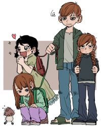 Rule 34 | 1boy, 3girls, backpack, bag, bags under eyes, black hair, black sweater, blue pants, braid, brown hair, casual, chilchuck tims, child, curious, dress, dungeon meshi, exhausted, father and daughter, fatherly, flip-flops, freckles, fullertom (dungeon meshi), green dress, green jacket, green shirt, hair intakes, halfling, hands up, happy, heart, height difference, highres, holding, holding leash, jacket, janbanclear, jitome, korean commentary, large ears, leash, long hair, long sleeves, looking ahead, looking at viewer, looking down, mayjack (dungeon meshi), multiple girls, mushroom, own hands together, packpatty (dungeon meshi), pants, pet walking, purple pants, sandals, scared, shirt, shoes, short hair, siblings, sisters, squatting, squiggle, standing, sweater, trembling, turtleneck, turtleneck sweater, twin braids, twintails, unamused, walking mushroom (dungeon meshi), white background