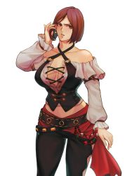 Rule 34 | 1girl, absurdres, alternate costume, breasts, brown eyes, brown hair, cleavage, highres, large breasts, pants, sleeveless, snk, solo, the king of fighters, whip (kof)