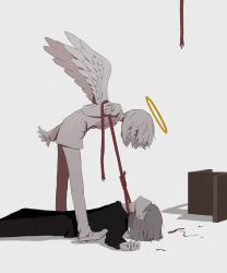 Rule 34 | 2boys, absurdres, angel, angel wings, avogado6, black pants, black shirt, broken, colored skin, commentary request, feathered wings, grin, halo, highres, long sleeves, lying, multiple boys, noose, on back, original, pants, red eyes, rope marks, shirt, shoes, simple background, smile, suicide, white background, white footwear, white hair, white pants, white shirt, white skin, white wings, wings