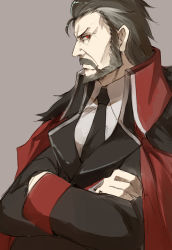 Rule 34 | 1boy, beard, berezovich kryuger (girls&#039; frontline), black hair, black jacket, black necktie, coat, collared coat, collared shirt, crossed arms, facial hair, fur-trimmed coat, fur trim, girls&#039; frontline, grey background, griffin &amp; kryuger military uniform, hair slicked back, jacket, jacket on shoulders, looking at viewer, luse maonang, male focus, military, military uniform, mustache, necktie, red coat, red eyes, scar, shirt, simple background, solo, uniform, upper body, white shirt, wing collar