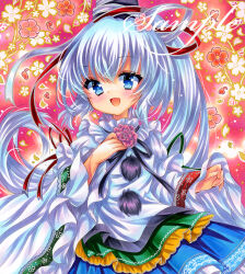 Rule 34 | 1girl, blue eyes, blue skirt, embellished costume, floral background, frilled shirt, frills, long hair, long sleeves, looking at viewer, marker (medium), mononobe no futo, open mouth, red ribbon, ribbon, rui (sugar3), sample watermark, shirt, side ponytail, skirt, smile, solo, touhou, traditional media, upper body, watermark, white hair, white shirt, wide sleeves