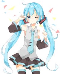 Rule 34 | 1girl, bad id, bad pixiv id, blue eyes, blue hair, detached sleeves, hatsune miku, jimmy madomagi, long hair, matching hair/eyes, necktie, skirt, solo, thighhighs, twintails, very long hair, vocaloid, white background, wink