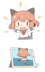 Rule 34 | 1girl, animal ears, blue skirt, blush stickers, brown hair, cat ears, cat tail, chibi, comic, commentary request, fake animal ears, fang, hair ornament, hairclip, hanomido, highres, ikazuchi (kancolle), ipad, kantai collection, long sleeves, mini person, minigirl, neckerchief, open mouth, red neckerchief, school uniform, serafuku, short hair, simple background, skirt, solid eyes, tablet pc, tail, tape, white background, | |