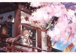 Rule 34 | 1girl, absurdres, against railing, animal ears, architecture, arm support, building, cherry blossoms, chinese commentary, closed mouth, cloud, commentary request, detached sleeves, earrings, east asian architecture, floppy ears, fox ears, genshin impact, hair between eyes, hair ornament, hakama, head rest, highres, japanese clothes, jewelry, lantern, lightfish, long hair, looking afar, outdoors, pink eyes, pink hair, railing, red hakama, shirt, sky, sleeveless, sleeveless shirt, solo, tanzaku, white shirt, wide sleeves, wooden lantern, yae miko