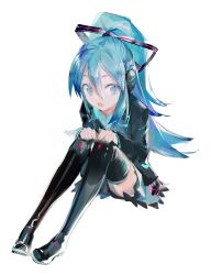 Rule 34 | 1girl, absurdres, aqua eyes, aqua hair, aqua skirt, bad id, bad pixiv id, black shirt, black thighhighs, boots, chinese commentary, commentary, full body, hair ribbon, hands on own knees, hatsune miku, hatsune miku (if), headphones, highres, knees up, leaning forward, long hair, miniskirt, open mouth, pleated skirt, ponytail, ribbon, shiny clothes, shirt, sideways glance, sitting, skirt, solo, striped ribbon, thigh boots, thighhighs, very long hair, vocaloid, white background, yyb