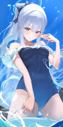 Rule 34 | 1girl, absurdres, black one-piece swimsuit, blue archive, blue halo, blush, cellphone, cowboy shot, day, frilled one-piece swimsuit, frills, grey hair, hair between eyes, halo, highres, holding, holding phone, innertube, long hair, looking at viewer, miyako (blue archive), miyako (swimsuit) (blue archive), off-shoulder one-piece swimsuit, off shoulder, official alternate costume, one-piece swimsuit, outdoors, parted lips, phone, ponytail, purple eyes, smartphone, solo, suna6080, swim ring, swimsuit, water