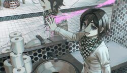 Rule 34 | 1boy, :d, absurdres, blood, broken mirror, checkered clothes, checkered scarf, danganronpa (series), danganronpa v3: killing harmony, grey jacket, highres, jacket, kudo (kddrv3), long sleeves, male focus, mirror, oma kokichi, open mouth, pink blood, purple eyes, scarf, sink, smile, solo, tile floor, tiles, toilet paper, upper body