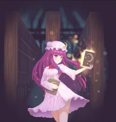 Rule 34 | 1girl, book, bow, glowing, hair bow, hexunart, highres, holding, holding book, indoors, library, long hair, long sleeves, nightgown, open mouth, pajamas, patchouli knowledge, purple eyes, purple hair, solo, touhou