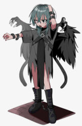 Rule 34 | 1girl, absurdres, arm up, black eyes, black footwear, black shirt, black wings, boots, claws, fangs, feathered wings, full body, green hair, grey background, hair between eyes, hand on own head, hand up, heterochromia, highres, hyow, looking at viewer, multicolored hair, no pants, open mouth, original, pink eyes, ringed eyes, shirt, short sleeves, simple background, solo, standing, sweat, torn clothes, torn shirt, veins, wings