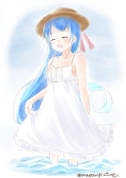 Rule 34 | 10s, 1girl, :d, alternate costume, bare arms, bare shoulders, blue hair, blush, closed eyes, dress, eyebrows, frilled dress, frills, hat, hat ribbon, highres, kantai collection, long hair, mae (maesanpicture), open mouth, red ribbon, ribbon, samidare (kancolle), skirt hold, smile, solo, spaghetti strap, swept bangs, twitter username, very long hair, wading, white dress