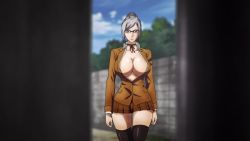Rule 34 | 1girl, anime screencap, breasts, cleavage, curvy, glasses, grey hair, hair bun, highres, huge breasts, lipstick, looking at viewer, makeup, mature female, no bra, open clothes, prison school, screencap, shiraki meiko, single hair bun, skirt, solo, thick thighs, thighhighs, thighs, unbuttoned, walking