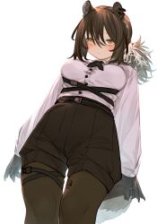 Rule 34 | 1girl, animal ears, animal hands, arknights, black shorts, blush, breasts, brown hair, brown pantyhose, chest harness, closed mouth, commentary request, cowboy shot, dress shirt, ear piercing, expressionless, hair between eyes, harness, high-waist shorts, highres, jitome, kochiya (gothope), medium breasts, pantyhose, piercing, ponytail, raccoon ears, robin (arknights), shirt, short hair, shorts, simple background, solo, white background, white shirt, yellow eyes