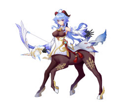 Rule 34 | 1girl, absurdres, ahoge, bare shoulders, bell, blue hair, bodice, bodystocking, bow (weapon), breasts, centaur, chinese commentary, chinese knot, closed mouth, commentary request, cowbell, curled horns, detached sleeves, flower knot, full body, ganyu (genshin impact), genshin impact, gloves, goat horns, gold trim, hair between eyes, highres, holding, holding bow (weapon), holding weapon, horns, horse tail, long hair, looking at viewer, low ponytail, medium breasts, mikewei, monster girl, monsterification, multiple legs, neck bell, orb, outstretched arm, purple eyes, sidelocks, simple background, smile, solo, standing, standing on three legs, tail, tassel, taur, vision (genshin impact), waist cape, weapon, white background, white sleeves