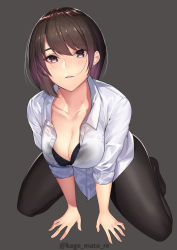 Rule 34 | 1girl, all fours, black bra, black pantyhose, blush, bra, bra peek, breasts, brown eyes, brown hair, cleavage, collared shirt, earrings, grey background, highres, jewelry, kagematsuri, large breasts, no pants, no shoes, open mouth, original, pantyhose, shirt, short hair, simple background, sleeves rolled up, solo, swept bangs, twitter username, unbuttoned, unbuttoned shirt, underwear