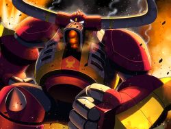Rule 34 | 1boy, armor, clenched hand, commentary request, debris, fire, glowing, glowing eyes, horns, looking at viewer, male focus, mega man (series), mega man star force, napo, orange eyes, ox horns, shoulder armor, smoke, solo, sparks, spikes, taurus fire (mega man)