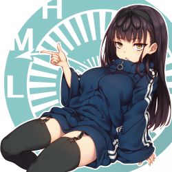 Rule 34 | 1girl, absurdres, arm support, black hair, black thighhighs, blue jacket, breasts, finger gun, frown, garter straps, hairband, highres, jacket, long hair, long sleeves, looking at viewer, medium breasts, original, pointing, sitting, solo, striped, tauyuki saema, thighhighs, thighs, thumbs up, track jacket, vertical stripes, wide sleeves, yellow eyes, zipper