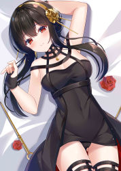 Rule 34 | 1girl, absurdres, arm up, bad id, bad pixiv id, bed sheet, black dress, black gloves, black hair, black panties, black thighhighs, blush, breasts, cameltoe, cleft of venus, closed mouth, dagger, dress, earrings, fingerless gloves, flower, glint, gloves, gluteal fold, gold earrings, gold hairband, hair flower, hair ornament, hairband, highres, jewelry, knife, long hair, looking at viewer, lying, medium breasts, mikan (user negv3532), on back, panties, red eyes, red flower, red rose, rose, sidelocks, solo, spikes, spy x family, stiletto (weapon), thighhighs, underwear, weapon, yor briar