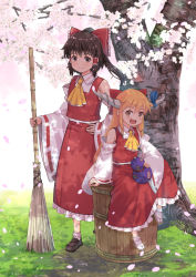 Rule 34 | 2girls, ascot, bare shoulders, broom, brown eyes, brown footwear, brown hair, closed mouth, collared vest, commentary request, cosplay, detached sleeves, frilled hair tubes, frilled skirt, frills, full body, gourd, hair tubes, hakurei reimu, hakurei reimu (cosplay), hand on own hip, haniwa (leaf garden), happy, highres, holding, holding broom, horns, ibuki suika, long sleeves, multiple girls, oni horns, orange hair, red skirt, red vest, ribbon-trimmed sleeves, ribbon trim, sandals, sitting, skirt, skirt set, smile, socks, standing, touhou, tree, vest, white sleeves, white socks, wide sleeves, yellow ascot, zouri