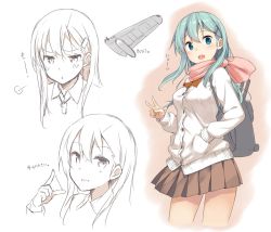 Rule 34 | 10s, 1girl, :&lt;, :d, alternate costume, alternate eye color, aqua hair, bag, blue eyes, brown skirt, cardigan, character sheet, cropped legs, female focus, hair ornament, hairclip, hand in pocket, kantai collection, long hair, long sleeves, looking at viewer, open mouth, partially colored, pink scarf, pleated skirt, scarf, school bag, school uniform, shoulder bag, skirt, smile, solo, suzuya (kancolle), takayaki, text focus, uniform, upper body, v, white background