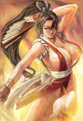 Rule 34 | 1girl, bad id, bad pixiv id, breasts, brown eyes, brown hair, hand fan, fatal fury, fire, folding fan, hamoto, huge breasts, japanese clothes, large breasts, long hair, pelvic curtain, ponytail, revealing clothes, shiranui mai, snk, solo, the king of fighters