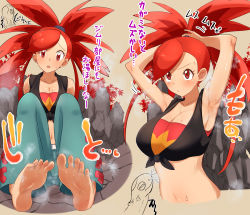Rule 34 | 1girl, absurdres, adjusting hair, armpits, arms up, barefoot, belt, black shirt, blouse, breasts, cleavage, commentary request, creatures (company), daba (wandaba), eyelashes, feet, flannery (pokemon), game freak, gen 3 pokemon, green pants, hair tie, highres, looking down, navel, nintendo, open mouth, pants, pokemon, pokemon (creature), pokemon oras, raised eyebrows, red eyes, shirt, sitting, soles, solo, steam, sweat, tied shirt, toes, torkoal, translation request