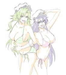 Rule 34 | 2girls, arm up, bambietta basterbine, bare legs, bare shoulders, bikini, black hair, bleach, bleach: sennen kessen-hen, breasts, candice catnipp, green eyes, green hair, hand on headwear, hat, highres, large breasts, locked arms, long hair, military hat, mitsugu, multiple girls, navel, open mouth, pink bikini, purple eyes, quincy (bleach), side-tie bikini bottom, smile, sternritter, striped bikini, striped clothes, swimsuit, thighs, tongue, tongue out, white background