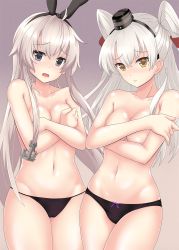 Rule 34 | 2girls, amatsukaze (kancolle), anchor hair ornament, black hairband, black panties, blonde hair, blush, breasts, brown eyes, covering privates, covering breasts, gradient background, grey eyes, hair between eyes, hair ornament, hair tubes, hairband, highres, kantai collection, long hair, medium breasts, multiple girls, nendoroya, no bra, open mouth, panties, purple background, shimakaze (kancolle), silver hair, small breasts, two side up, underwear