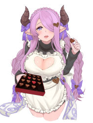 Rule 34 | 1girl, absurdres, apron, blush, bow, box, box of chocolates, braid, breasts, candy, chocolate, chocolate heart, cleavage, cleavage cutout, clothing cutout, cropped legs, crown braid, draph, food, frilled apron, frills, granblue fantasy, hair bow, hair ornament, hair over one eye, heart, heart cutout, heart hair ornament, highres, horn ornament, horn ribbon, horns, large breasts, long hair, low-tied long hair, narmaya (granblue fantasy), narmaya (valentine) (granblue fantasy), official alternate costume, open mouth, parted bangs, pointy ears, purple eyes, purple hair, ribbon, samgo, simple background, solo, sweater, turtleneck, turtleneck sweater, twin braids, valentine, very long hair, white background