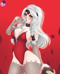 Rule 34 | alternate costume, artist name, blood, breasts, cameltoe, cleavage, cup, freya (smite), highres, holding, holding sword, holding weapon, law-zilla, leotard, nail polish, outline, red background, red eyes, red leotard, smite, sword, thighhighs, weapon, white hair