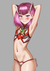 Rule 34 | 1girl, armpits, arms behind head, blush, breasts, fate/grand order, fate (series), grin, helena blavatsky (fate), highres, legs, looking at viewer, midriff, navel, panties, pink hair, red eyes, shinsaku (stan-art), small breasts, smile, thighs, underwear