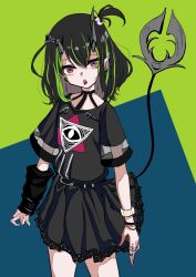 Rule 34 | 1girl, alternate hair color, bad id, bad twitter id, black dress, black hair, blue background, commentary request, cowboy shot, demon girl, demon horns, demon tail, dress, ear piercing, eye hair ornament, eye of providence, fang, flat chest, green background, green hair, hair between eyes, hohorobi, horns, jewelry, medium hair, multicolored hair, nanashi inc., official alternate costume, one side up, open mouth, piercing, pointy ears, red eyes, ring, shishio chris, shishio chris (3rd costume), short sleeves, solo, sugar lyric, tail, tongue, tongue out, two-tone background, two-tone hair, virtual youtuber