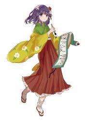 Rule 34 | 1girl, closed mouth, commentary request, floral print, full body, green kimono, hanging scroll, hieda no akyuu, highres, holding, holding paintbrush, japanese clothes, kalmeyaki, kimono, korean commentary, long skirt, looking at viewer, paintbrush, purple eyes, purple hair, red skirt, scroll, skirt, smile, socks, solo, touhou, white socks, wide sleeves, yellow sleeves