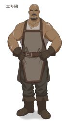 Rule 34 | 1boy, absurdres, apron, bald, bara, beard, black eyes, black footwear, black gloves, black pants, boots, brown apron, character name, dark-skinned male, dark skin, facial hair, full body, gloves, goatee, gordon walford (ryker), hand on own hip, highres, looking at viewer, male focus, mature male, muscular, muscular male, original, pants, pectorals, ryker, scar, scar on arm, scar on head, scar on shoulder, shirt, solo, thick eyebrows, torn clothes, torn shirt, white background, white shirt