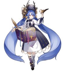 Rule 34 | 1girl, absurdly long hair, animal ears, antlers, ark order, artist request, bird, bird on hand, black footwear, black socks, blue bow, blue bowtie, blue dress, blue hair, blue hat, book, bow, bowtie, brown bow, deer ears, dress, floating, floating book, floating object, full body, hair bow, hat, hat bow, horns, long hair, long sleeves, looking at animal, magic circle, official art, ossian (ark order), parted lips, pentacle, pink eyes, puffy long sleeves, puffy sleeves, quill, shoes, socks, solo, tachi-e, transparent background, twintails, two-tone dress, very long hair, white dress