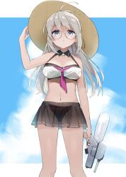 Rule 34 | 1girl, adapted costume, ahoge, bare arms, bare legs, bare shoulders, bikini, bikini skirt, black bikini, blue eyes, blue sky, breasts, brown headwear, cleavage, cloud, feet out of frame, glasses, grey hair, heywood l. edwards (kancolle), holding, holding water gun, kantai collection, long hair, looking up, medium breasts, mismatched bikini, navel, one-hour drawing challenge, parted lips, see-through, see-through skirt, skirt, sky, solo, swimsuit, water gun, white bikini, yamashichi (mtseven)