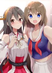 Rule 34 | 2girls, :d, a.a (aa772), bare shoulders, black hair, blue eyes, blue shirt, breasts, brown eyes, brown hair, cleavage, closed mouth, detached sleeves, hair between eyes, hair ornament, hairclip, haruna (kancolle), headgear, highres, japanese clothes, kantai collection, kimono, long hair, long sleeves, looking at viewer, maya (kancolle), midriff, midriff peek, multiple girls, navel, neck ribbon, open mouth, pleated skirt, red neckwear, red skirt, ribbon-trimmed sleeves, ribbon trim, sailor collar, shirt, skirt, sleeveless, sleeveless kimono, sleeveless shirt, small breasts, smile, undone neck ribbon, wavy mouth, white kimono, white sailor collar, white skirt, white sleeves, wide sleeves, x hair ornament