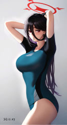 Rule 34 | 1girl, blue archive, breasts, collarbone, dated, gradient background, grey background, halo, hasumi (blue archive), highres, kimchi (user mpzz8457), large breasts, long hair, looking at viewer, mole, mole under eye, no wings, ponytail, red eyes, short sleeves, solo