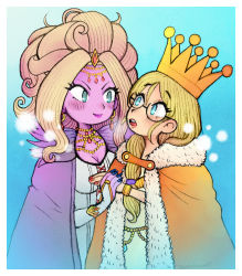 Rule 34 | 2girls, blonde hair, blue eyes, blue nails, collar, colored skin, crown, dragon quest, dragon quest xi, earrings, jewelry, krystalinda, liquidmetalslime, lizlette, looking at another, multiple girls, nail polish, purple skin, queen frysabel, red nails, shaaru (dq11), tiara